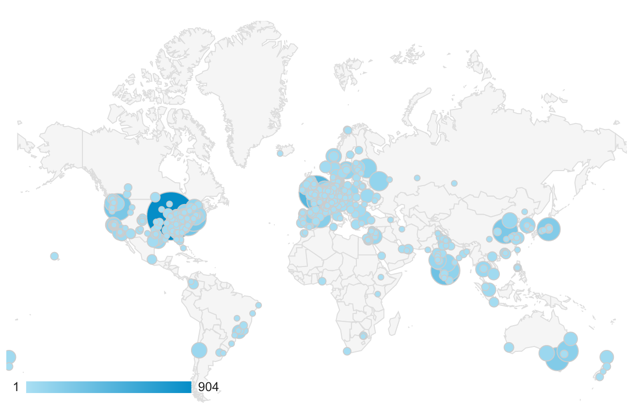 Cities from which EasyBuild documentation has been visited last year (June 2019-June 2020